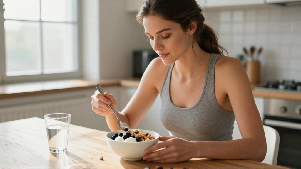 Mujer joven desayuna un bol de yogur con frutos secos y bayas en una cocina luminosa.