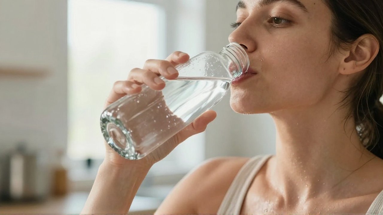 Mujer radiante bebiendo agua de una botella de vidrio en una cocina luminosa.