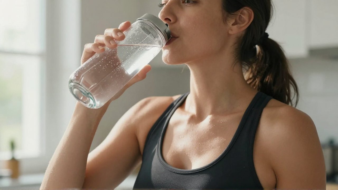 Mujer con ropa deportiva bebiedo agua de una botella de cristal en una cocina luminosa.