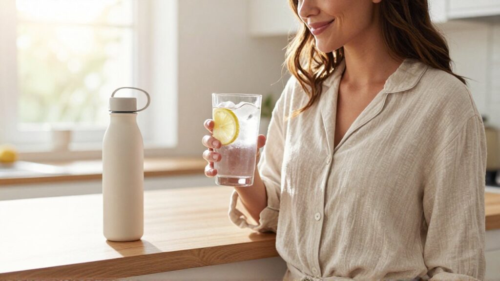 Mujer sonriente en una cocina luminosa sosteniendo un vaso de agua con hielo y limón.