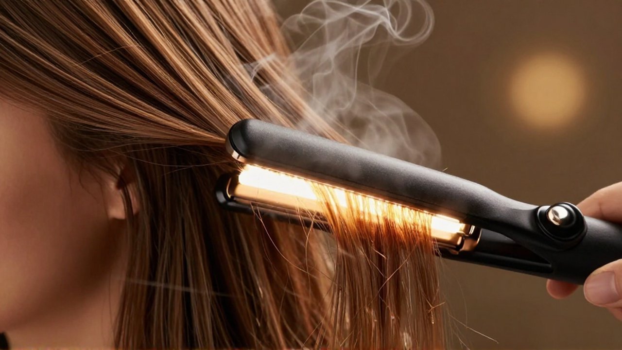 Plancha de pelo caliente dañando mechones de cabello con puntas secas y vapor ascendente.