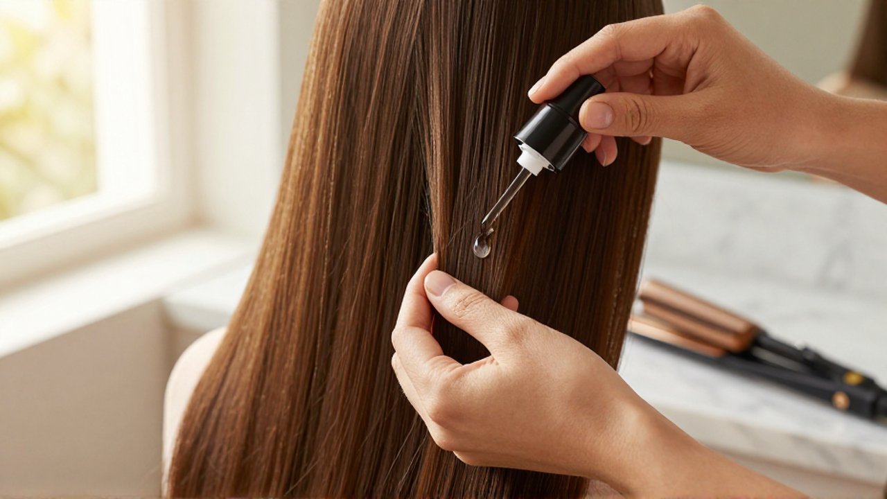 Manos aplicando aceite luminoso en mechones de cabello castaño brillante bajo luz natural.