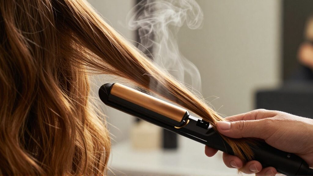 Plancha de pelo alisando un mechón de cabello ondulado con vapor bajo luz cálida.