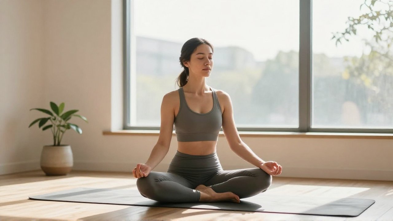 Mujer meditando con los ojos cerrados en una sala iluminada por la luz del sol.