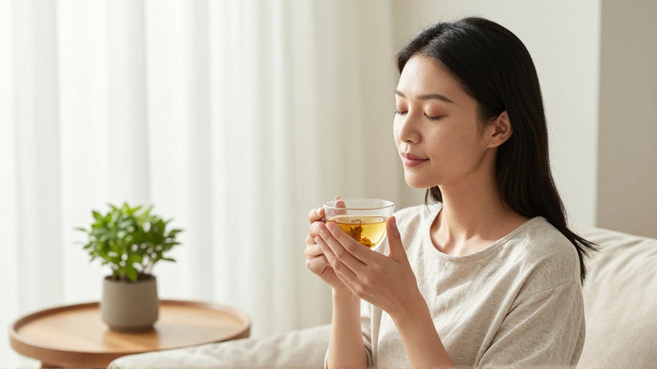 Mujer con los ojos cerrados disfrutando de una taza de té en una sala luminosa.