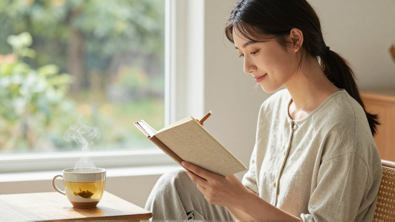 Mujer joven con una sonrisa tranquila escribiendo en un diario junto a una taza de té.