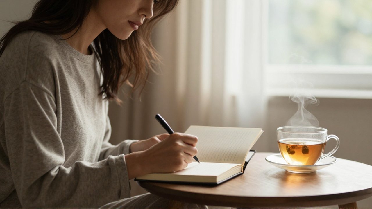 Mujer serena escribiendo en un diario junto a una ventana iluminada por la luz matinal.