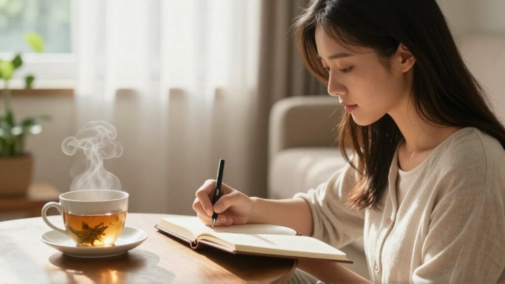 Joven mujer escribiendo en un diario junto a una taza de té en una sala iluminada.