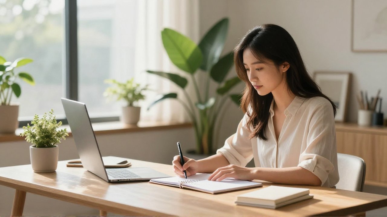 Mujer concentrada escribiendo en una agenda sobre un escritorio de madera en una oficina luminosa.