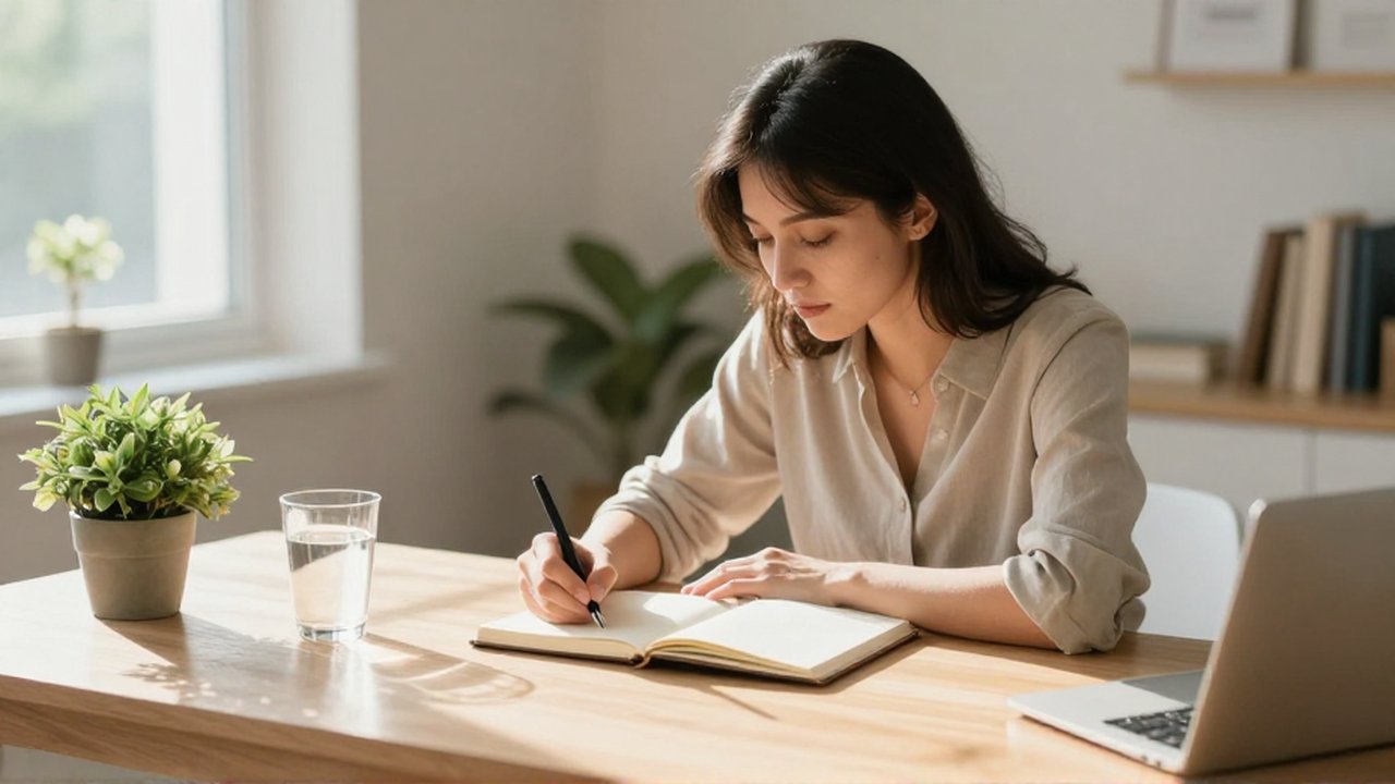 Mujer concentrada escribiendo en un diario sobre un escritorio de madera iluminado por el sol.