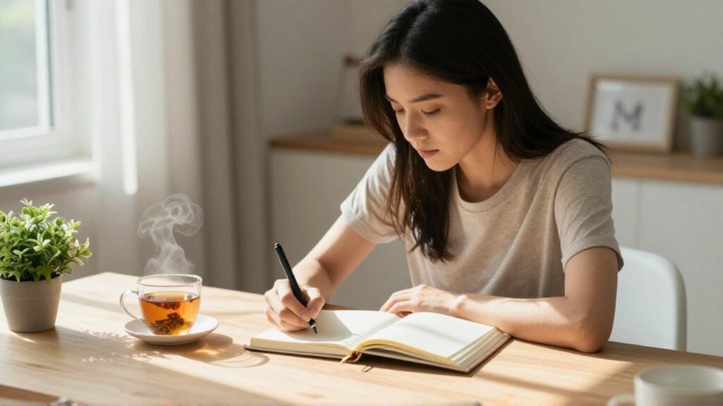 Mujer concentrada escribiendo en su agenda sobre un escritorio de madera iluminado por la luz natural.