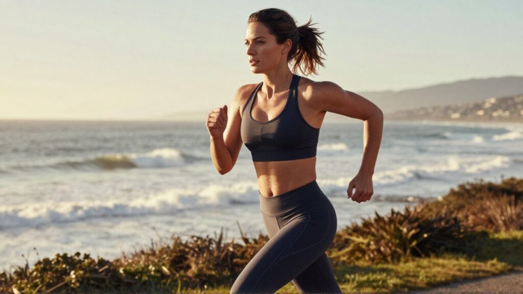 Mujer deportista corriendo por un sendero costero durante el amanecer frente al mar.