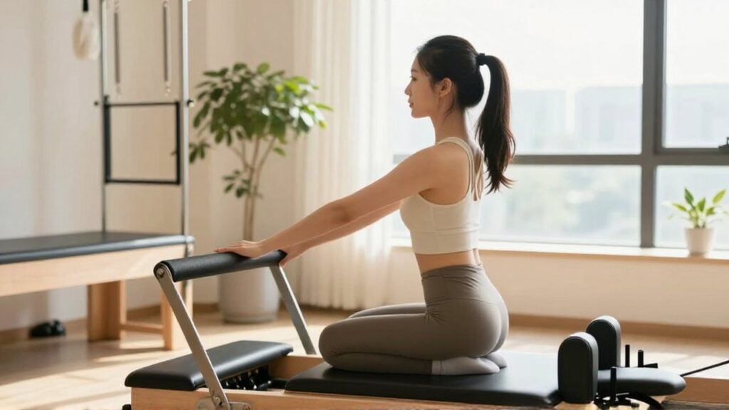 Mujer realizando ejercicios de Pilates en una máquina reformer dentro de un estudio luminoso.