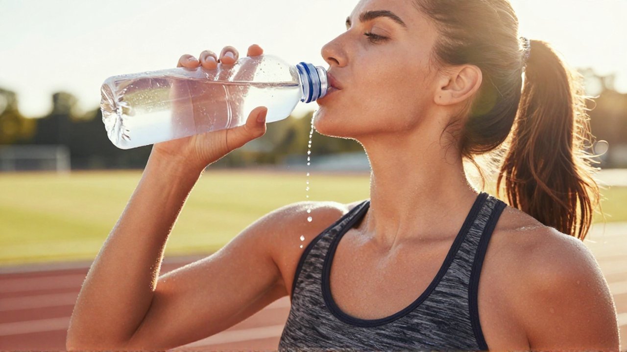 Mujer deportista bebiendo agua de una botella reutilizable en una pista de atletismo bajo el sol.