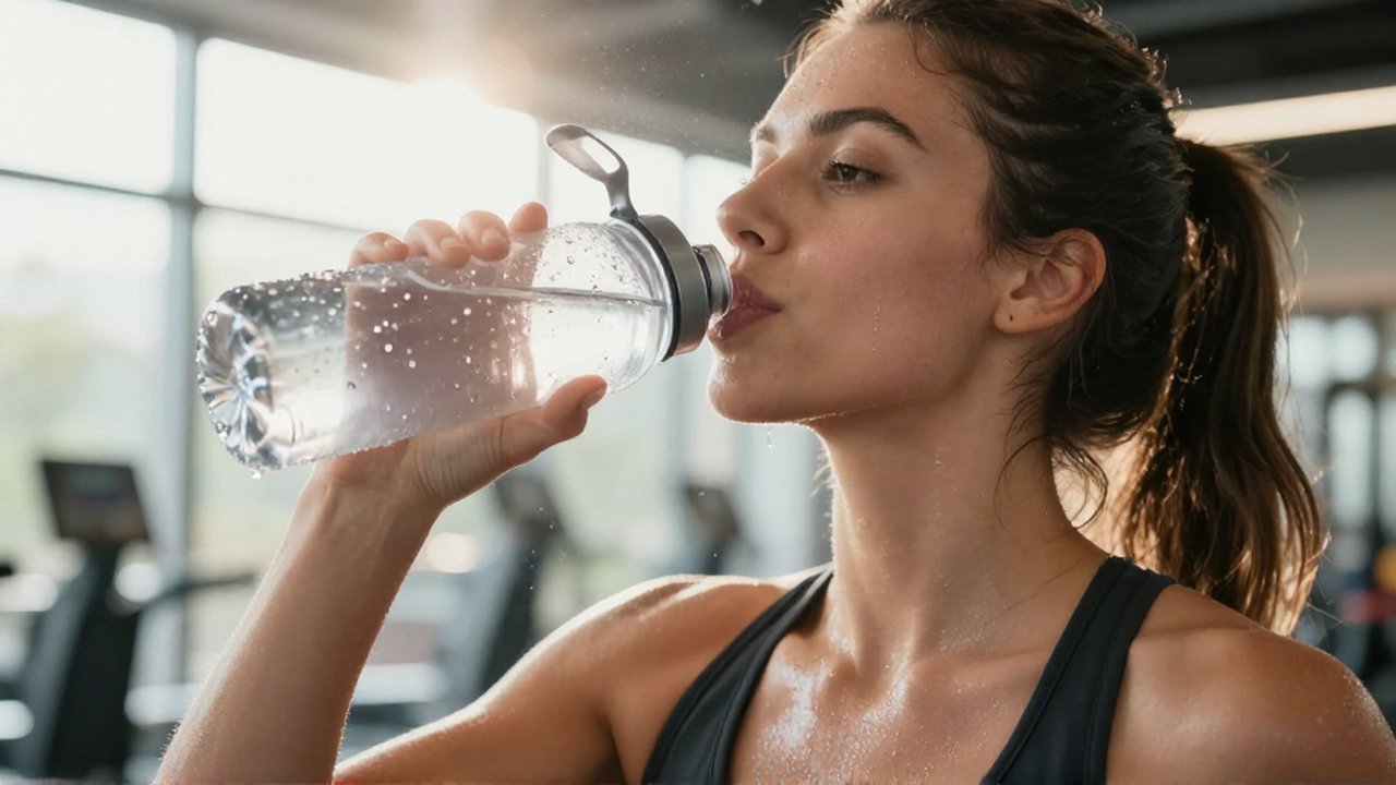 Mujer deportista bebiendo agua de una botella reutilizable en un gimnasio luminoso.