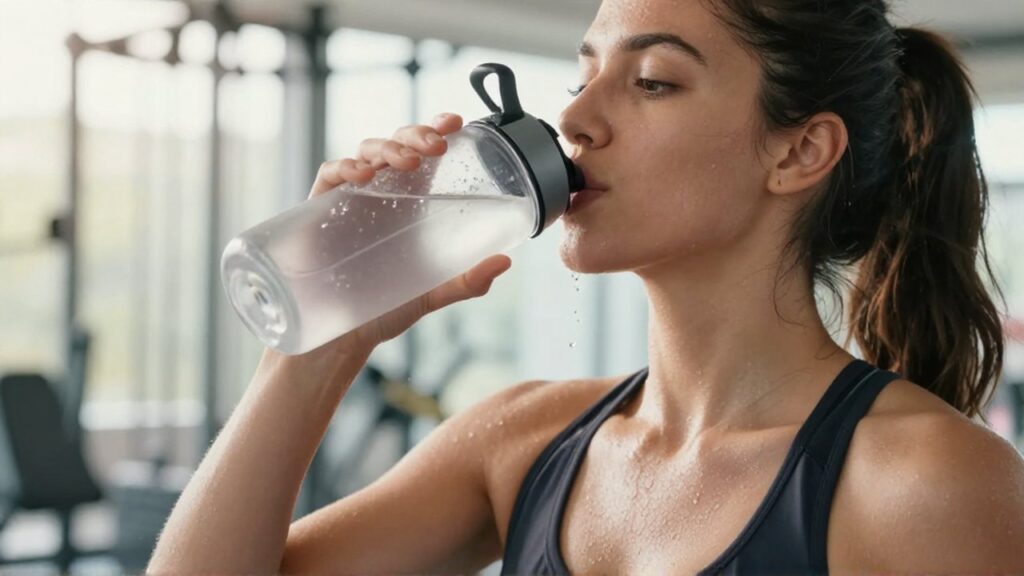 Mujer deportista bebiendo agua de una botella transparente tras su entrenamiento en un gimnasio luminoso.