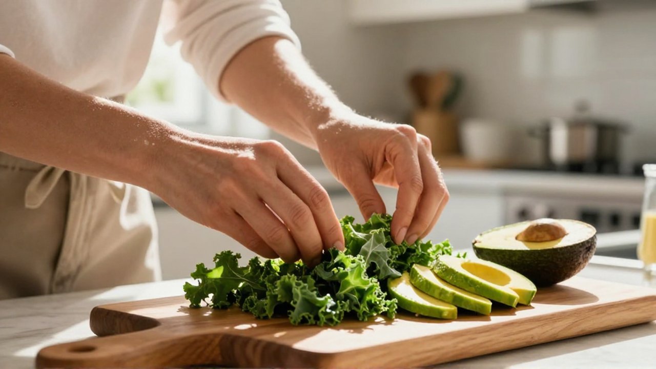 Manos preparando una ensalada mediterránea con kale y aguacate sobre una tabla de madera.