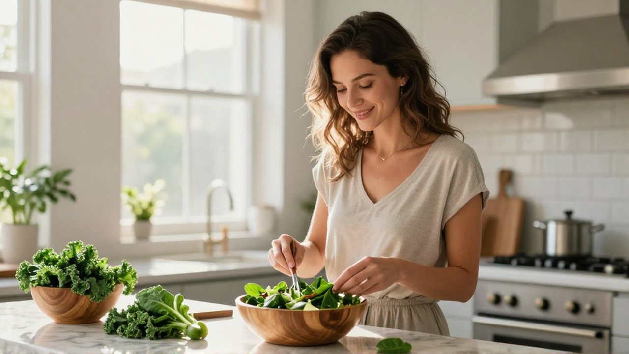 Mujer sonriente preparando una ensalada verde de kale en una cocina luminosa y moderna.