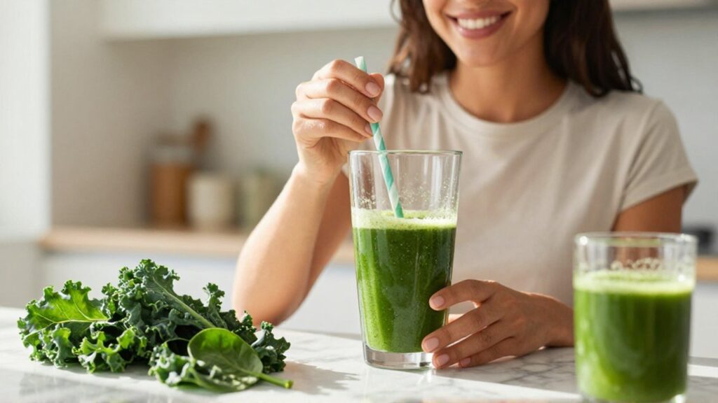 Mujer sonriente preparando un batido verde con hojas frescas en una cocina luminosa.