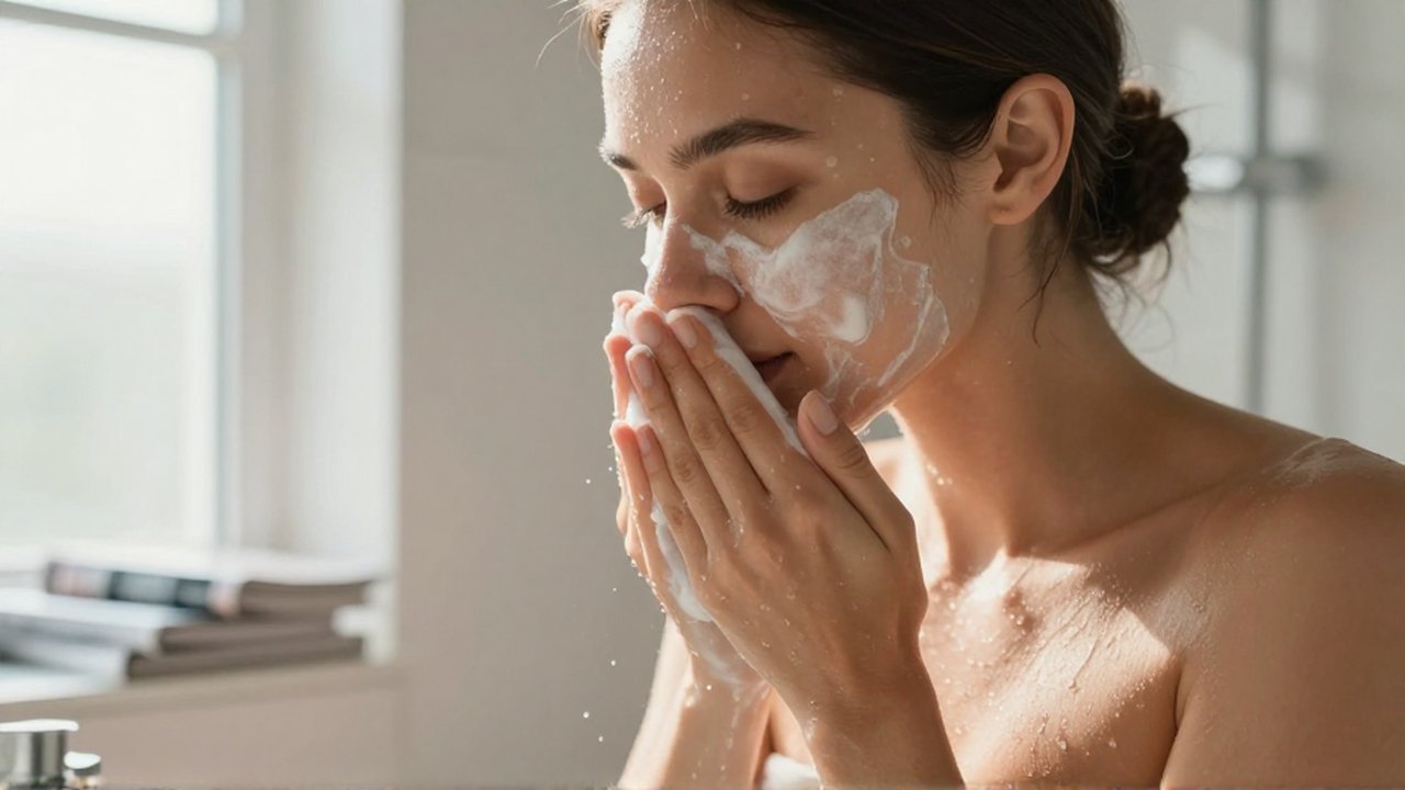 Mujer lavando su rostro con suave espuma en un baño iluminado por la mañana.