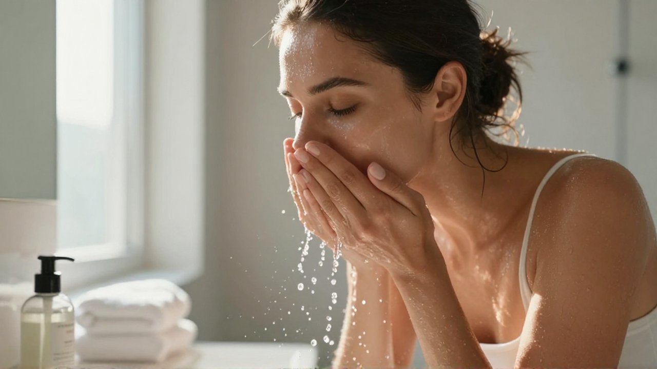 Mujer atlética refrescándose el rostro con agua en un baño luminoso y minimalista.