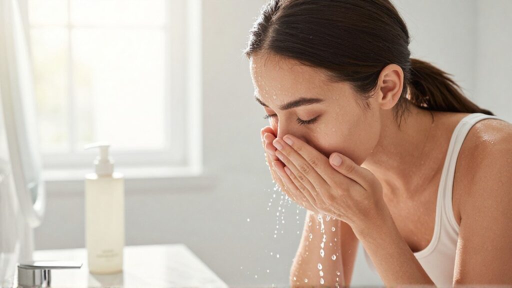 Mujer joven refrescándose la cara con agua en un baño luminoso y moderno.