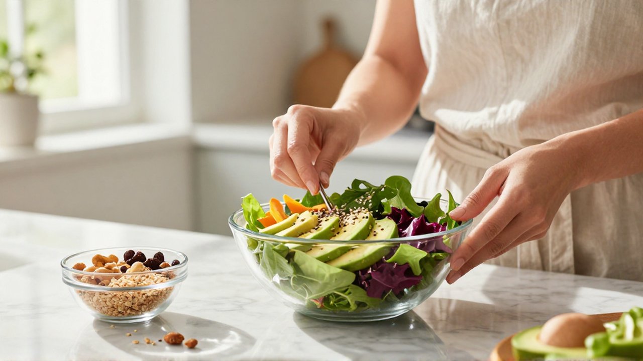 Manos de una mujer preparando una ensalada colorida con aguacate y semillas en una cocina luminosa.