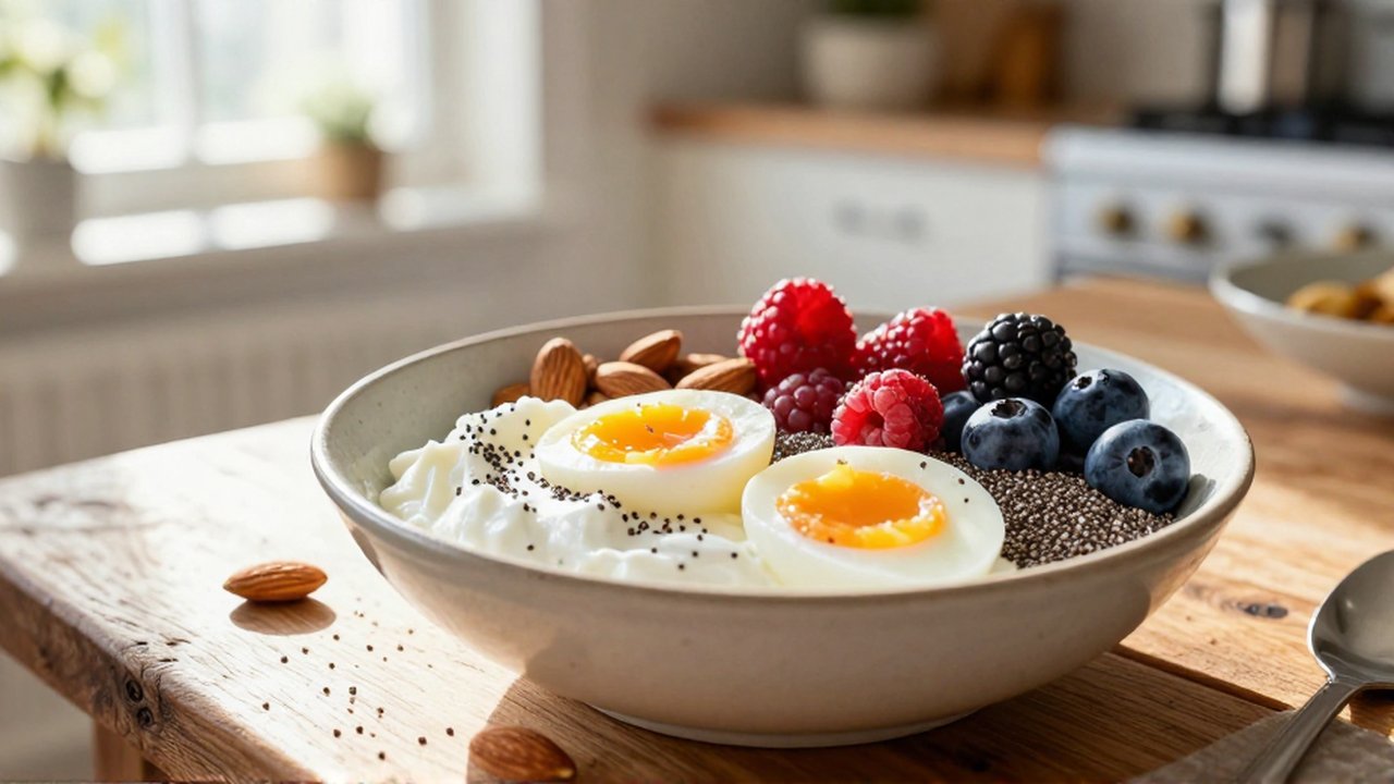 Bol de yogur griego con huevos cocidos, almendras y frutos rojos sobre una mesa de madera.