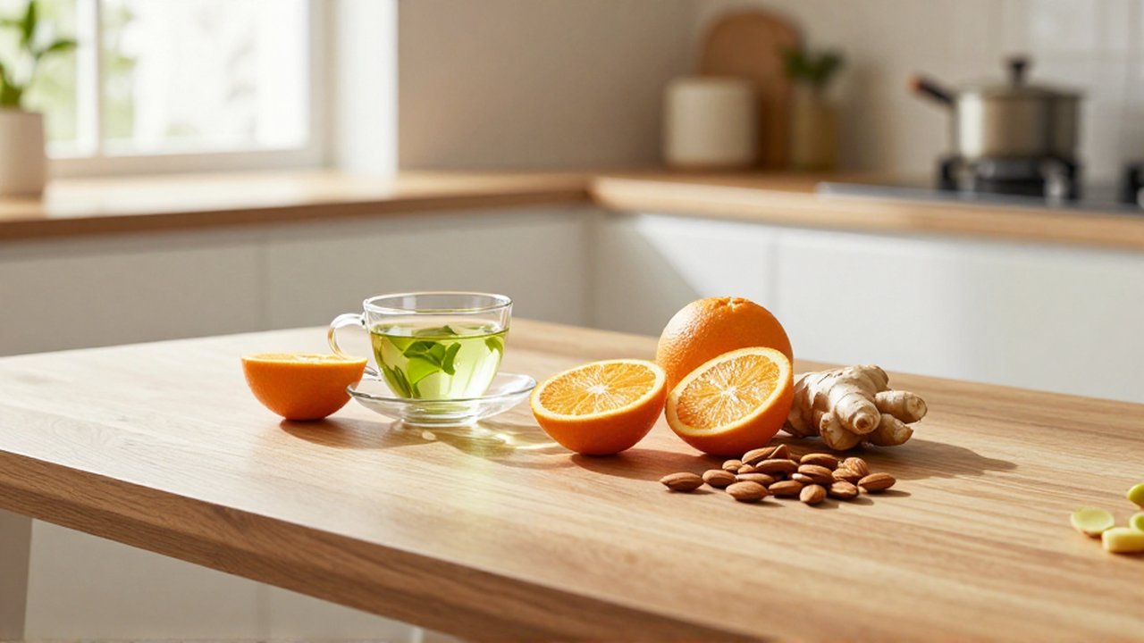 Mesa de madera con frutas cítricas, jengibre, almendras y una taza de té verde bajo la luz del sol.
