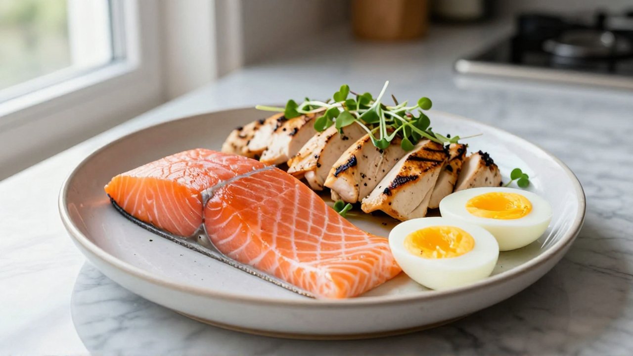 Plato con salmón, pollo a la plancha, huevos cocidos y microgreens sobre mármol.