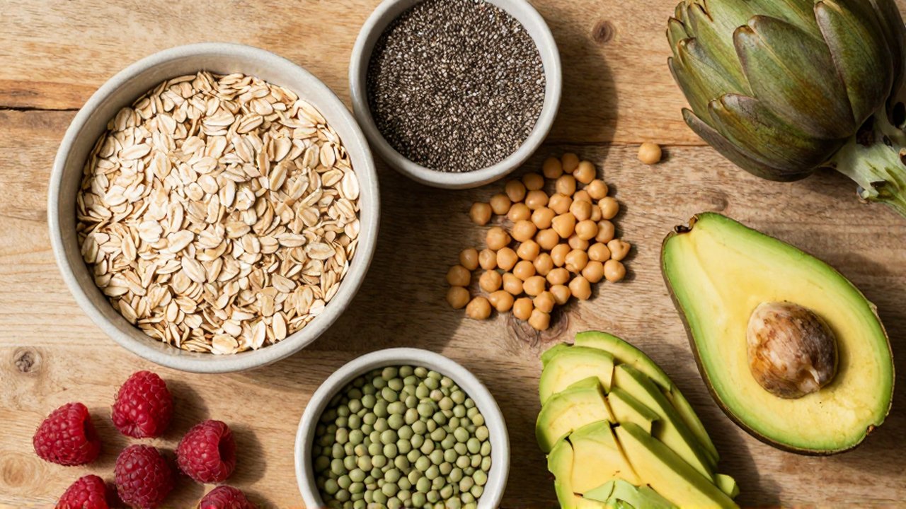 Variedad de alimentos ricos en fibra como avena, semillas, legumbres y aguacate sobre una mesa de madera.
