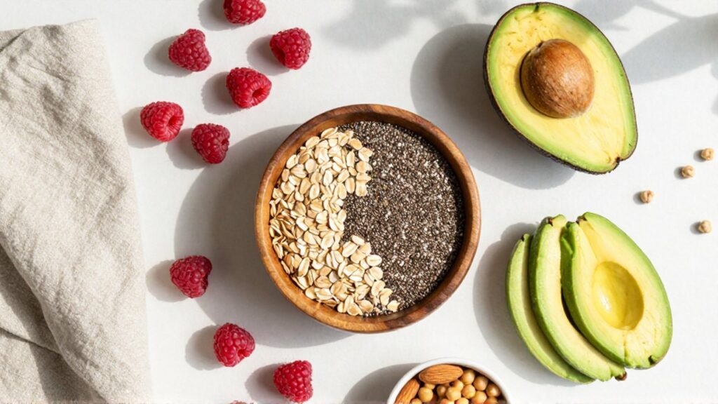Variedad de alimentos ricos en fibra como avena
