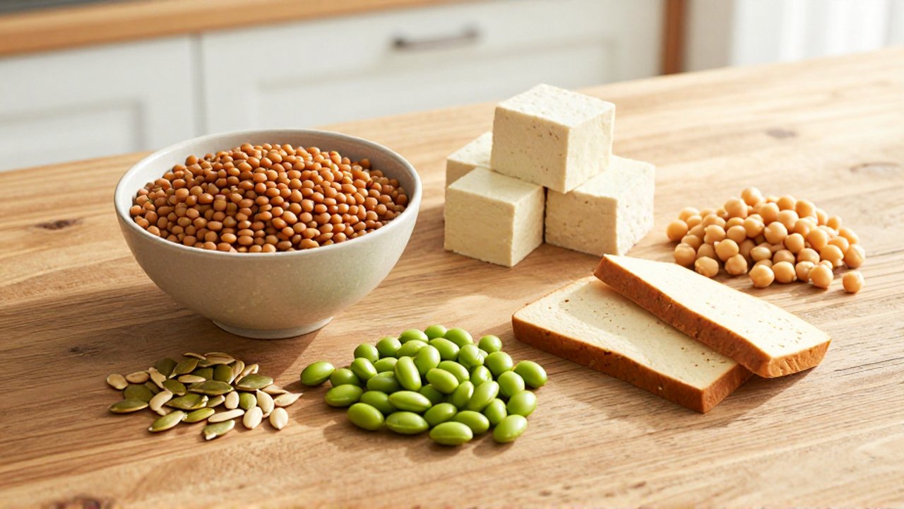 Variedad de alimentos vegetales proteicos como lentejas, tofu, tempeh y garbanzos sobre una mesa de madera.