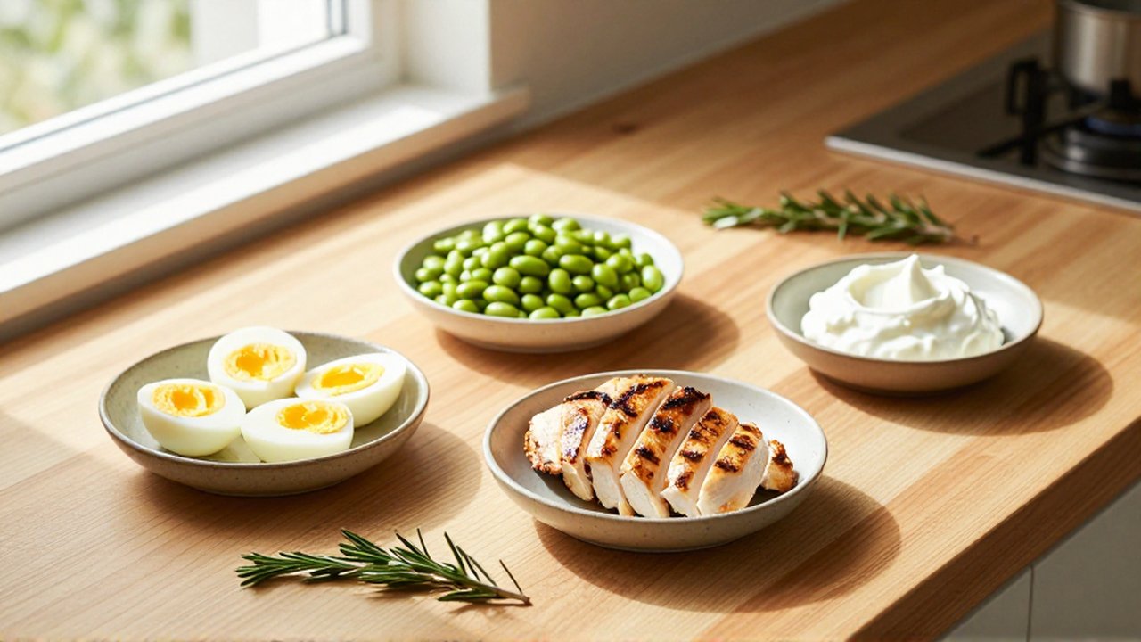 Variedad de alimentos proteicos como pollo, huevo, edamame y yogur en cuencos sobre madera.