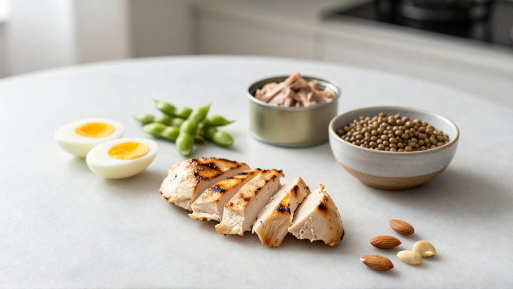 Variedad de alimentos ricos en proteínas como pollo