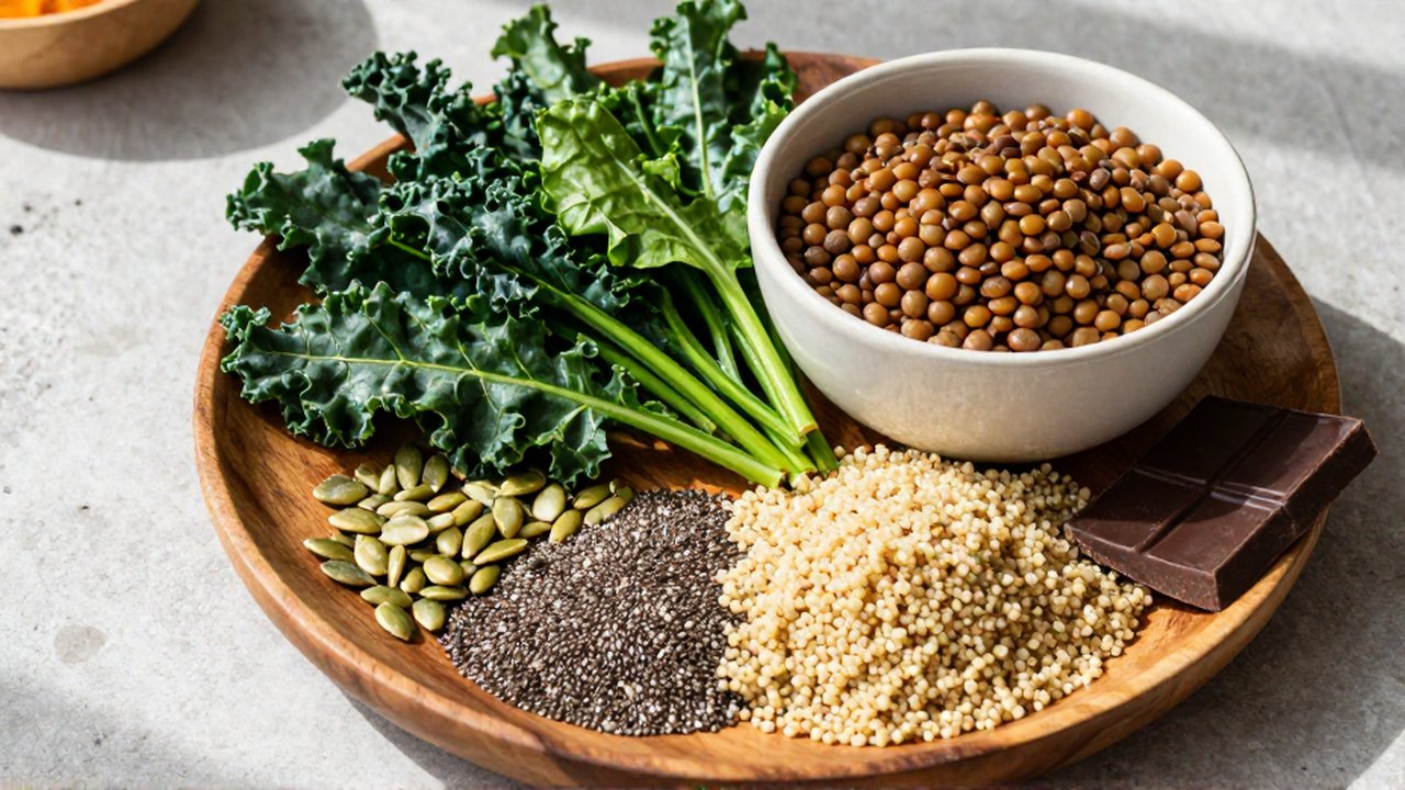 Variedad de alimentos ricos en hierro como lentejas, espinacas, quinoa y semillas sobre una mesa rústica.