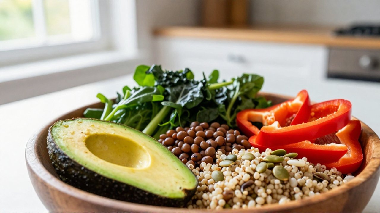 Bol de ensalada vegetariana con lentejas, quinoa, vegetales frescos y aguacate bajo la luz del sol.