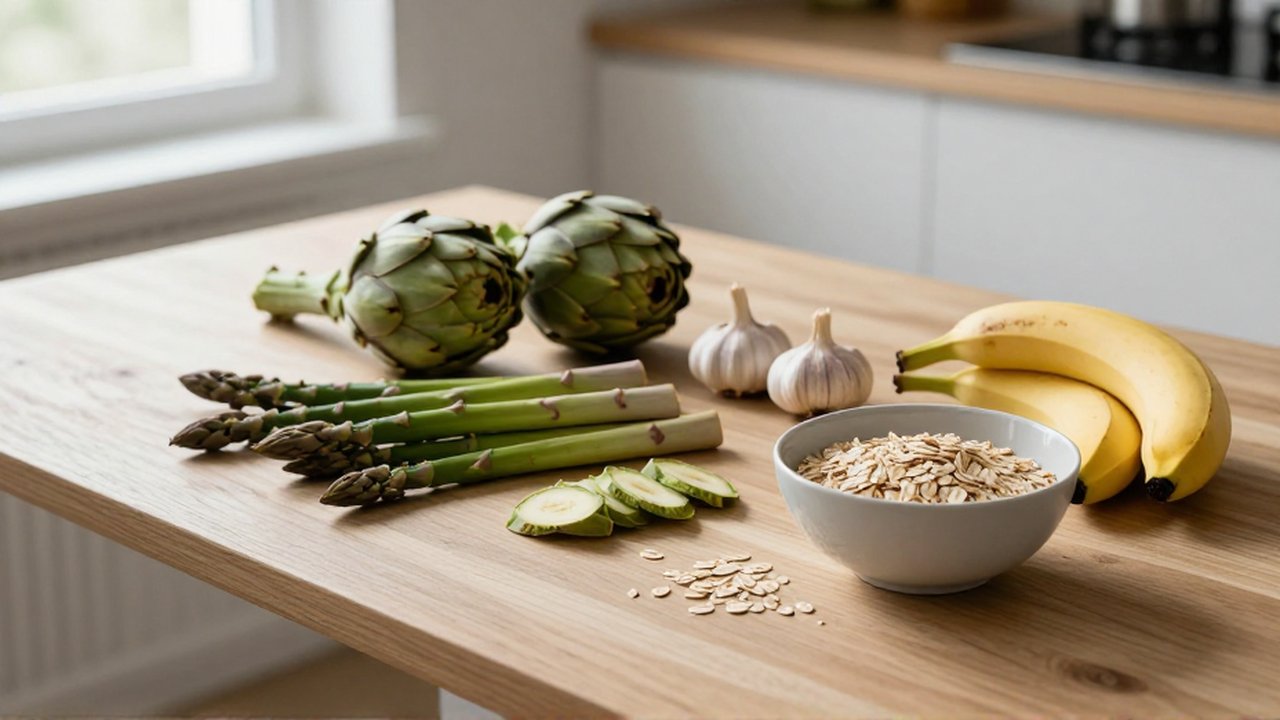 Variedad de alimentos prebióticos como alcachofas, espárragos, ajo, plátanos y avena sobre una mesa de madera.
