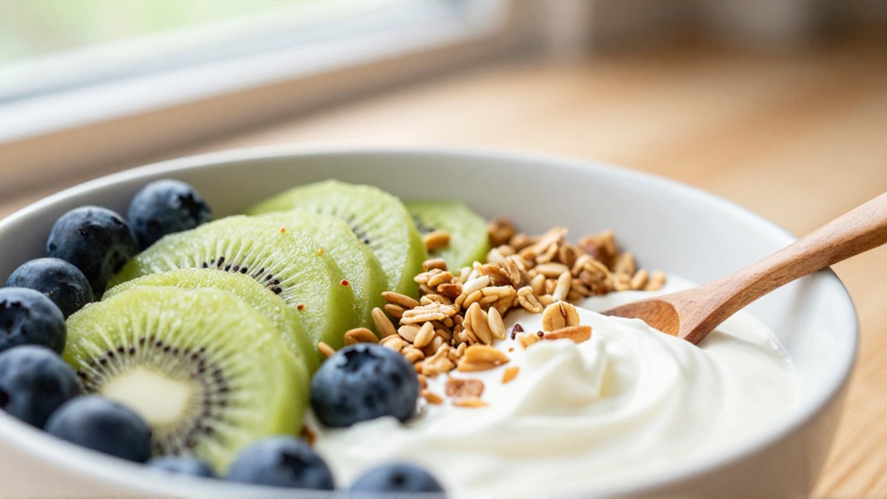 Bol de yogur griego con granola, arándanos y kiwi bajo la luz del sol.