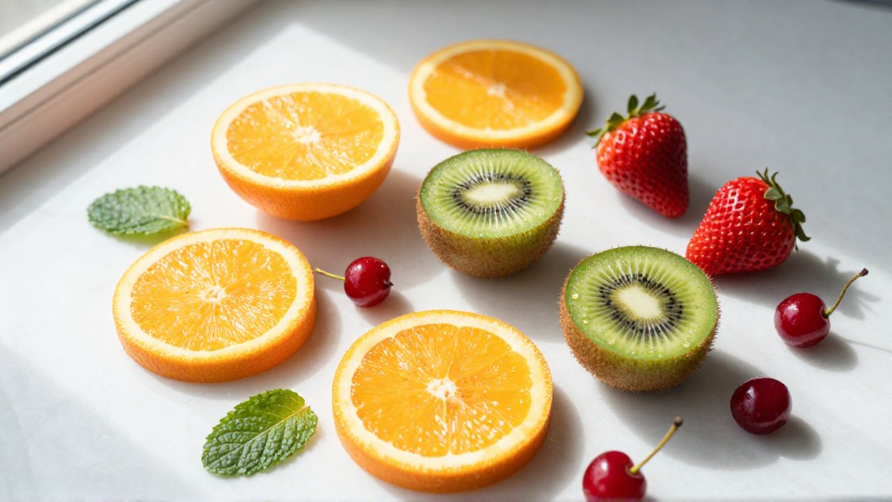Frutas frescas como naranjas, kiwis, fresas y acerolas con gotas de agua sobre mármol blanco.