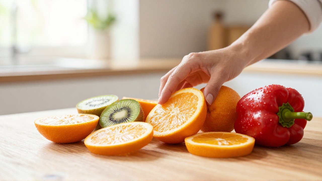 Fruta fresca cortada y pimientos sobre una encimera de madera bañados por la luz solar.