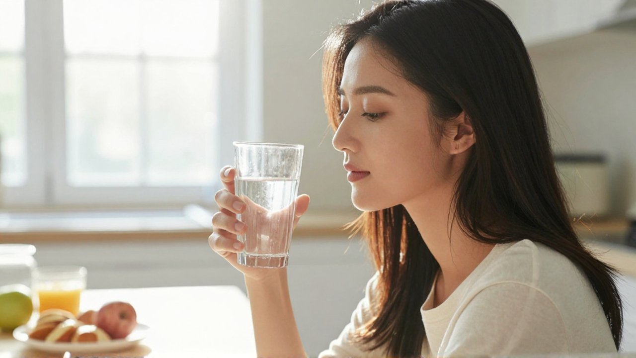Mujer joven con expresión serena sostiene un vaso de agua fresca en una cocina iluminada por el sol.