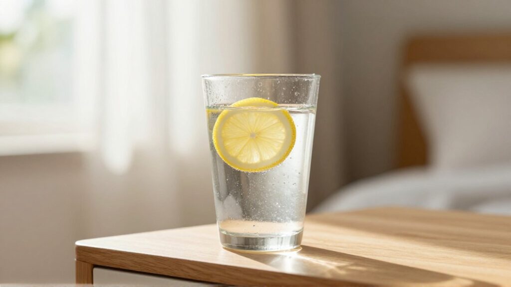 Vaso de agua con gas y una rodaja de limón sobre una mesa de madera bajo la luz del sol.