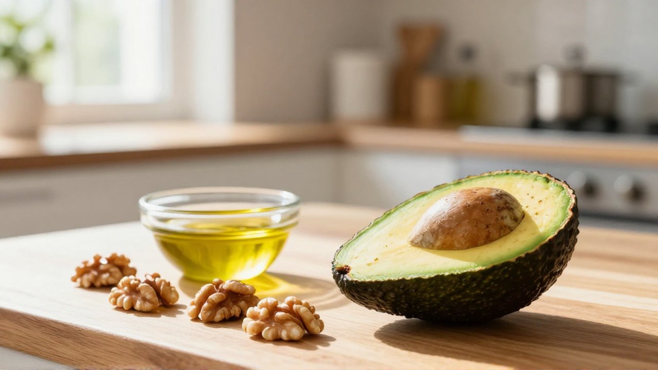 Aguacate rebanado, nueces y aceite de oliva sobre una encimera de madera iluminada por el sol.