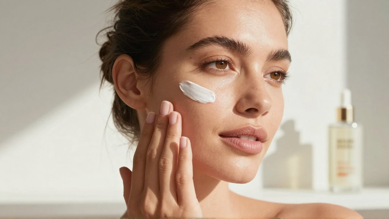 Mujer con piel radiante aplicándose crema solar en la mejilla en un baño luminoso.