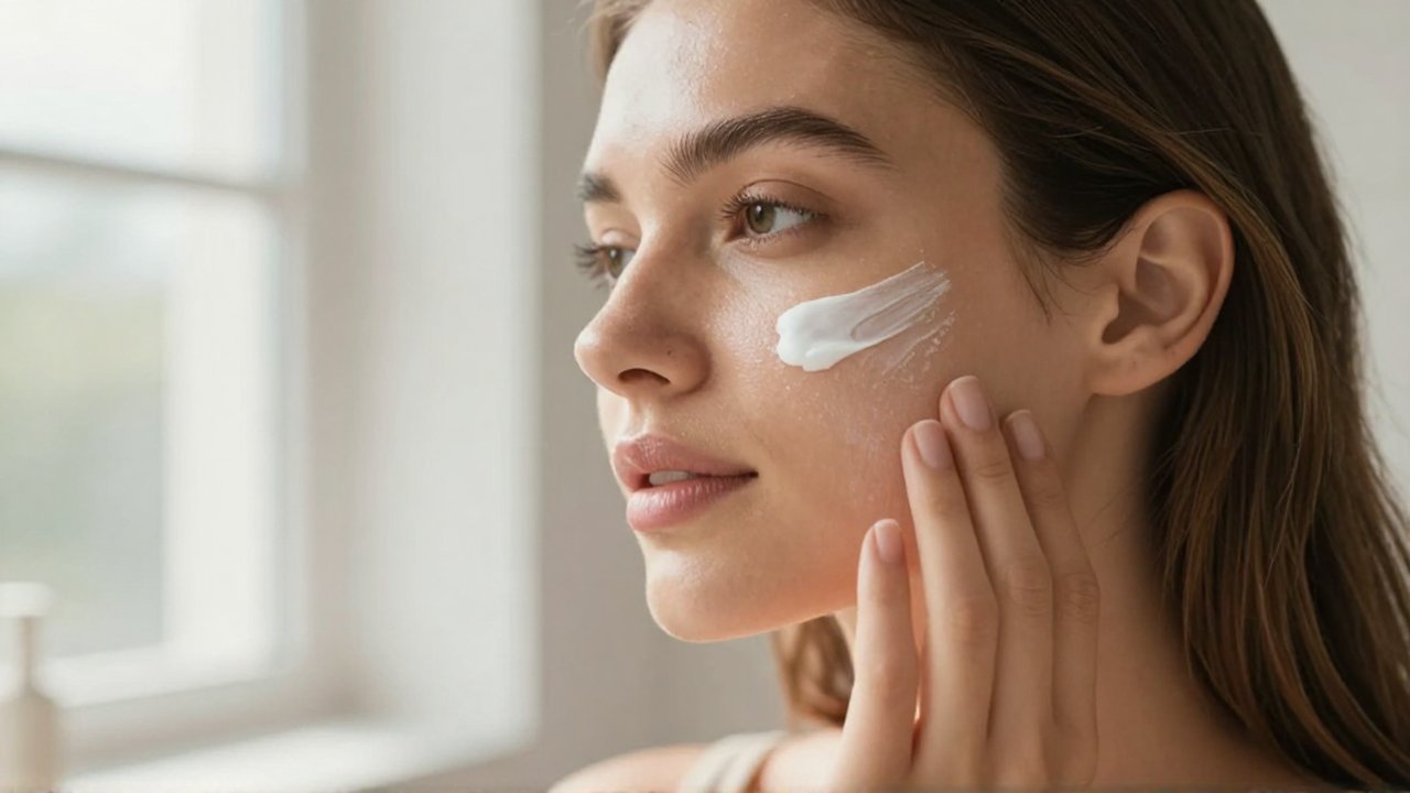 Mujer joven aplicándose crema solar sobre la mejilla en una luminosa rutina de cuidado facial.