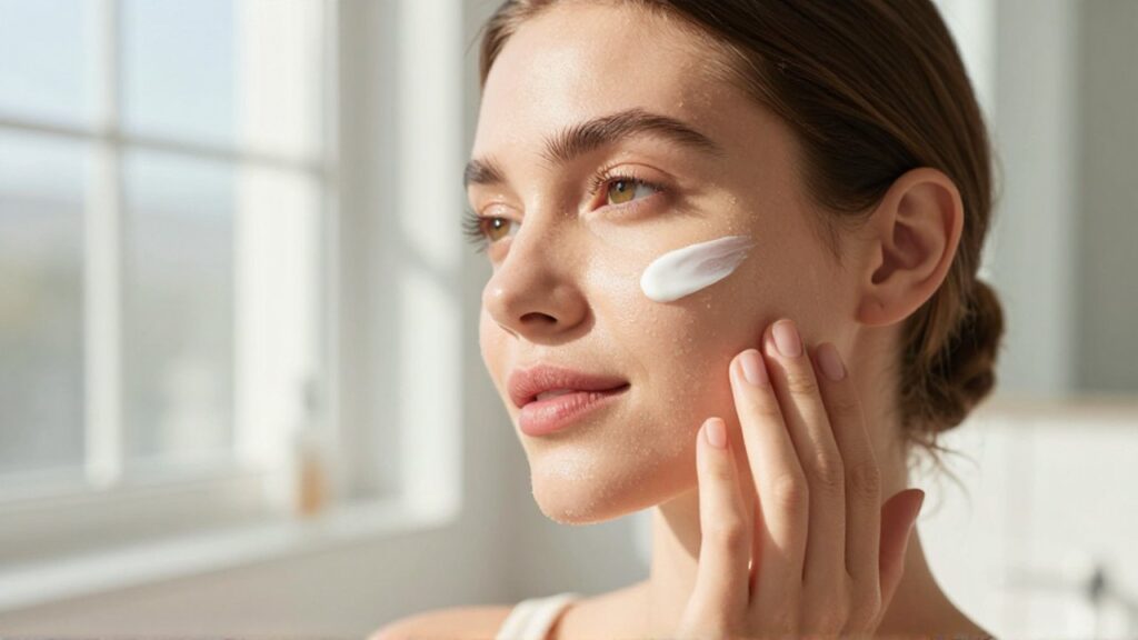 Mujer de piel radiante aplicándose crema solar en la mejilla bajo la luz del mañana.