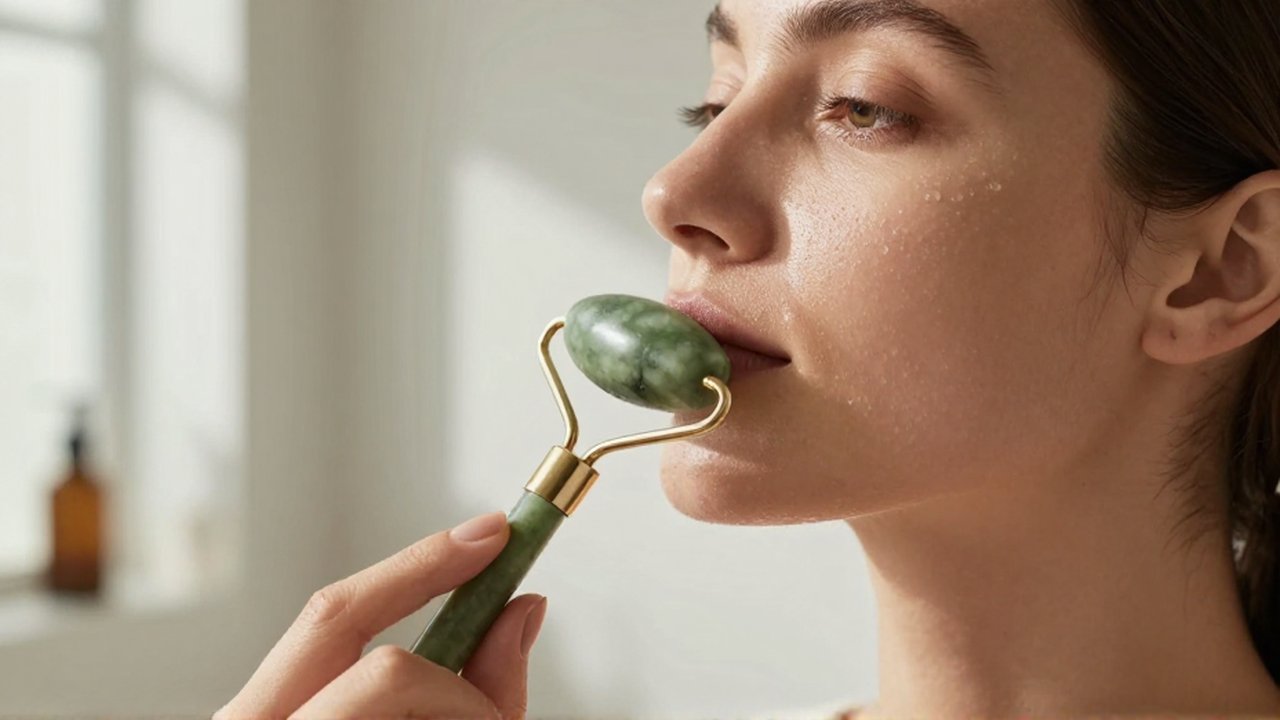 Mujer con piel luminosa aplicándose un rodillo de jade verde sobre la mejilla.