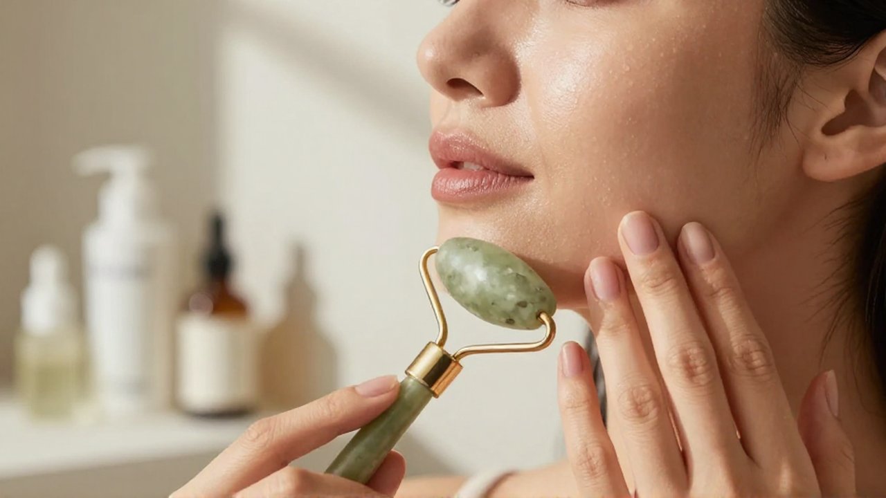 Mujer serena aplicándose un rodillo de jade verde en la mejilla con luz natural.