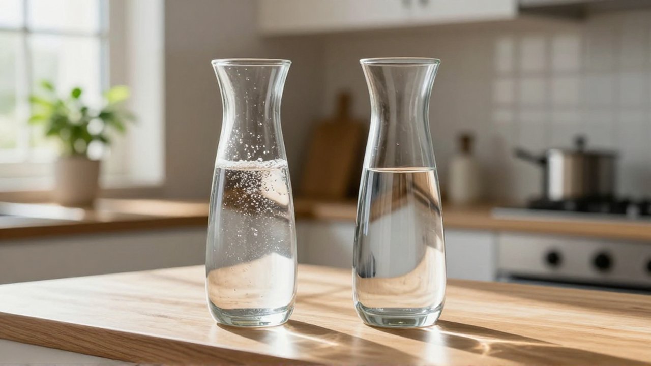 Dos jarras de cristal con agua mineral con burbujas y agua destilada sobre una encimera.